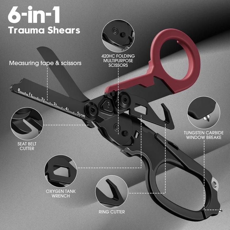 Lemasa 6-in-1 Heavy-Duty Emergency,trauma shears, Folding Retractable Emergency Shears, Outdoor Camping Tools, Seat Belt Cutter, Complimentary Adjustable Wrench (Electroplated black and red) - Image 3